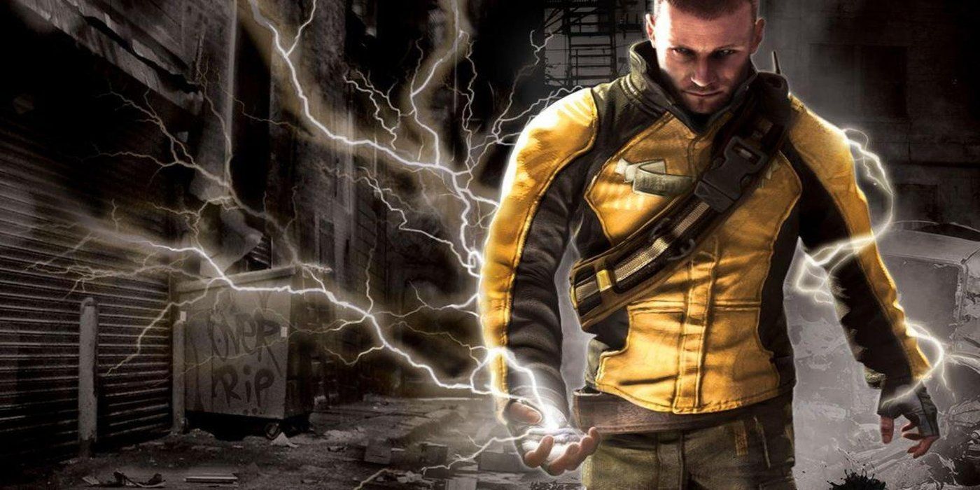 Cole emitting electricity in Infamous key art