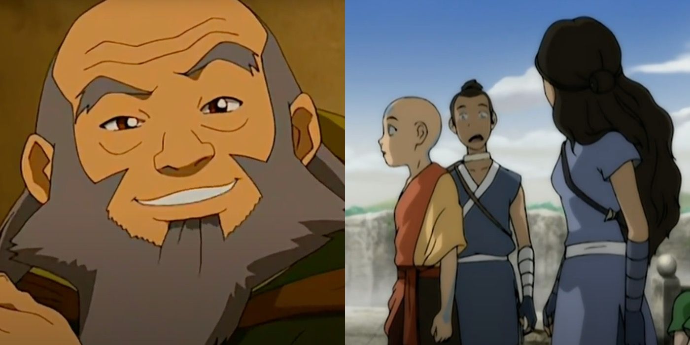 uncle iroh beside group photo of avatar crew