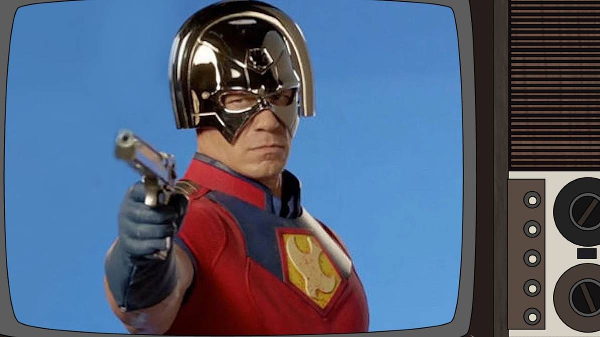 John Cena as Peacemaker on an old TV