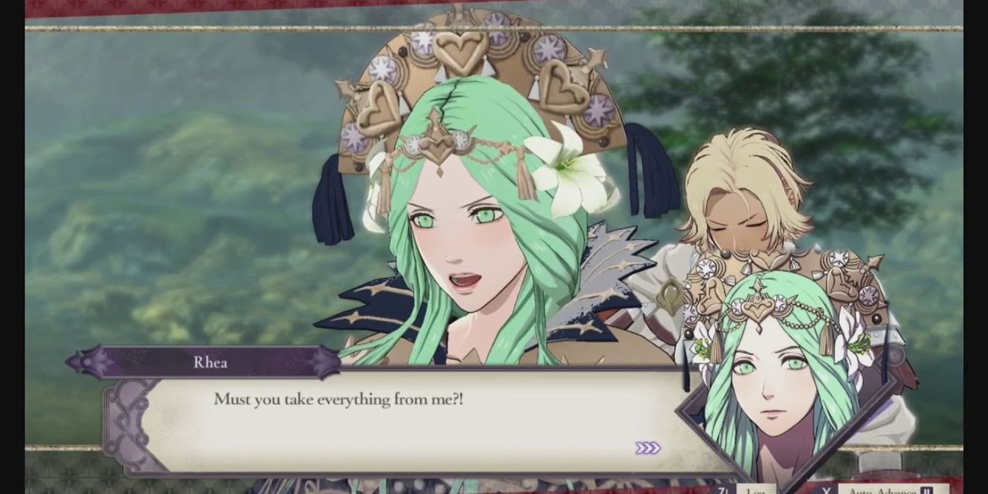 fire emblem lady rhea looking off camera angry with catherine in the background