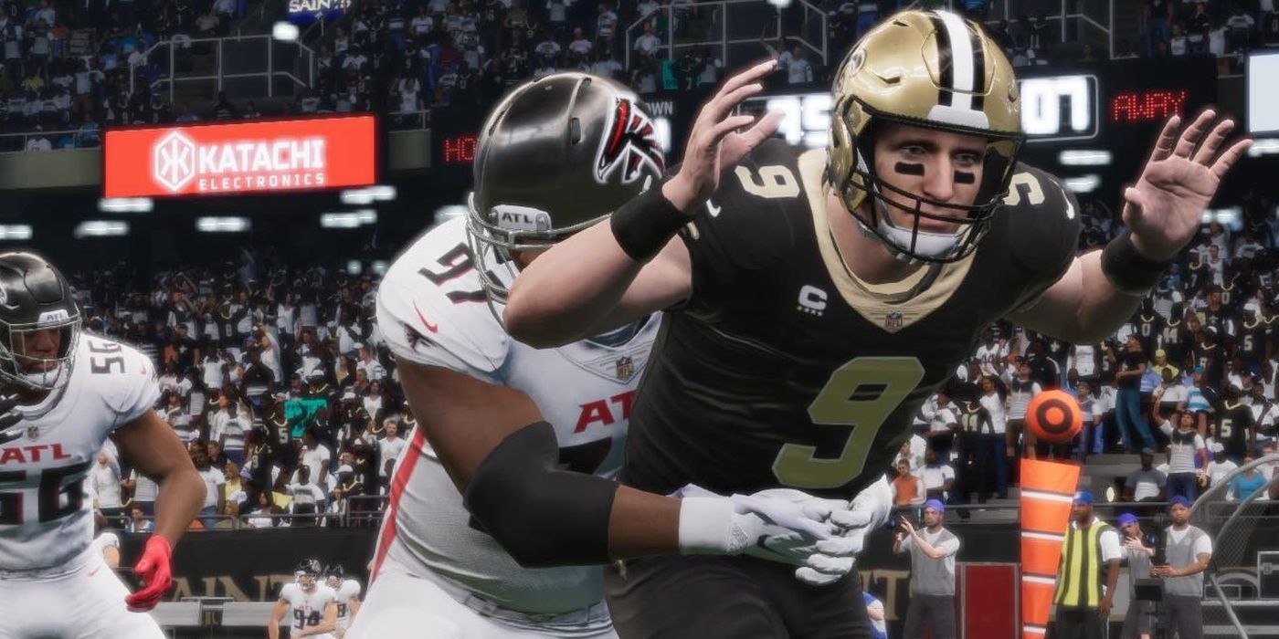 Drew Brees getting sacked by an Atlanta Falcon in Madden NFL 21
