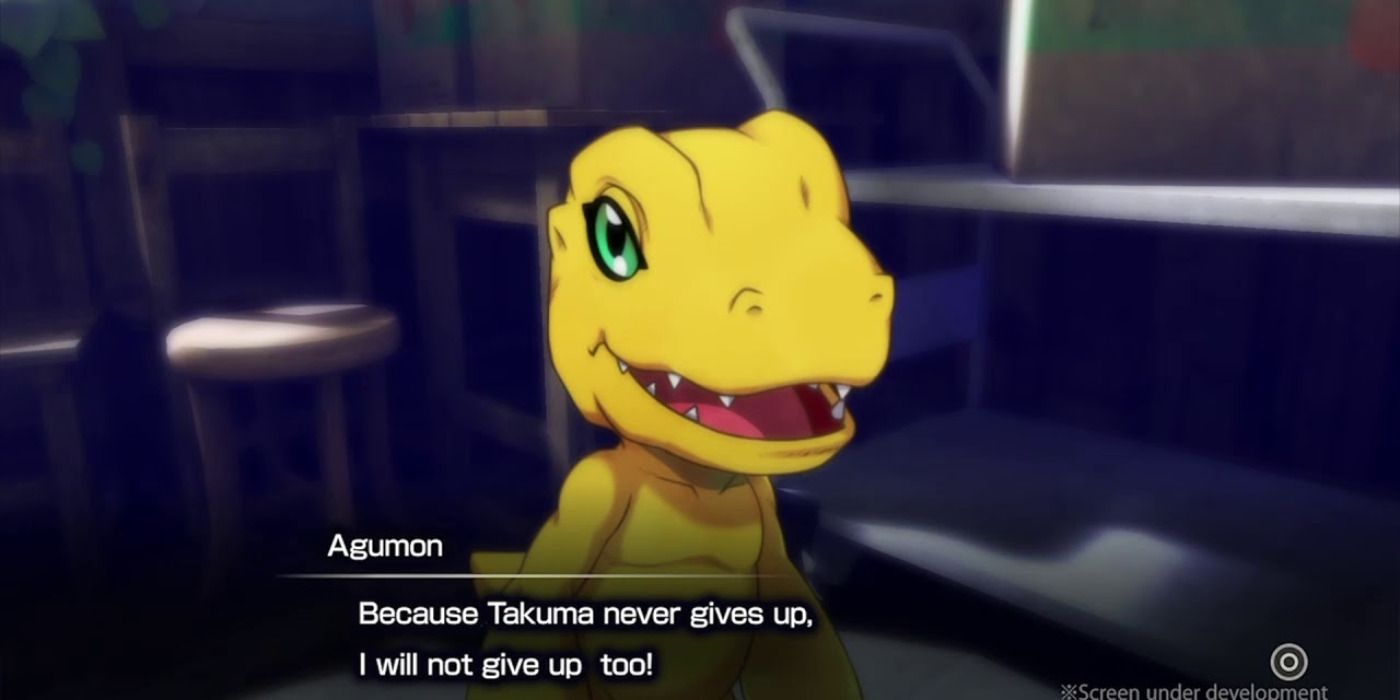 Agumon gives the player some words of encouragement.