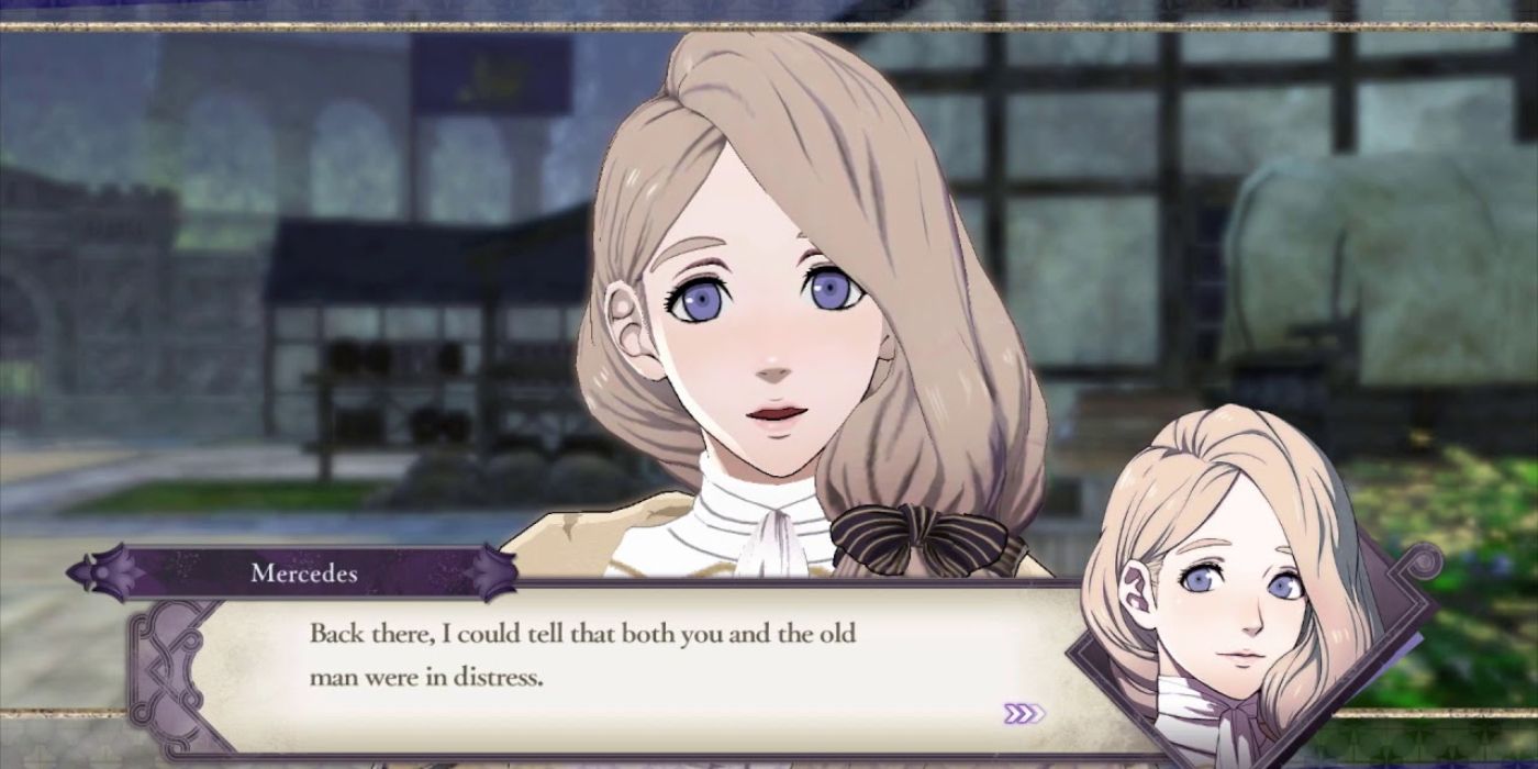fire emblem mercedes looking at camera in front of village