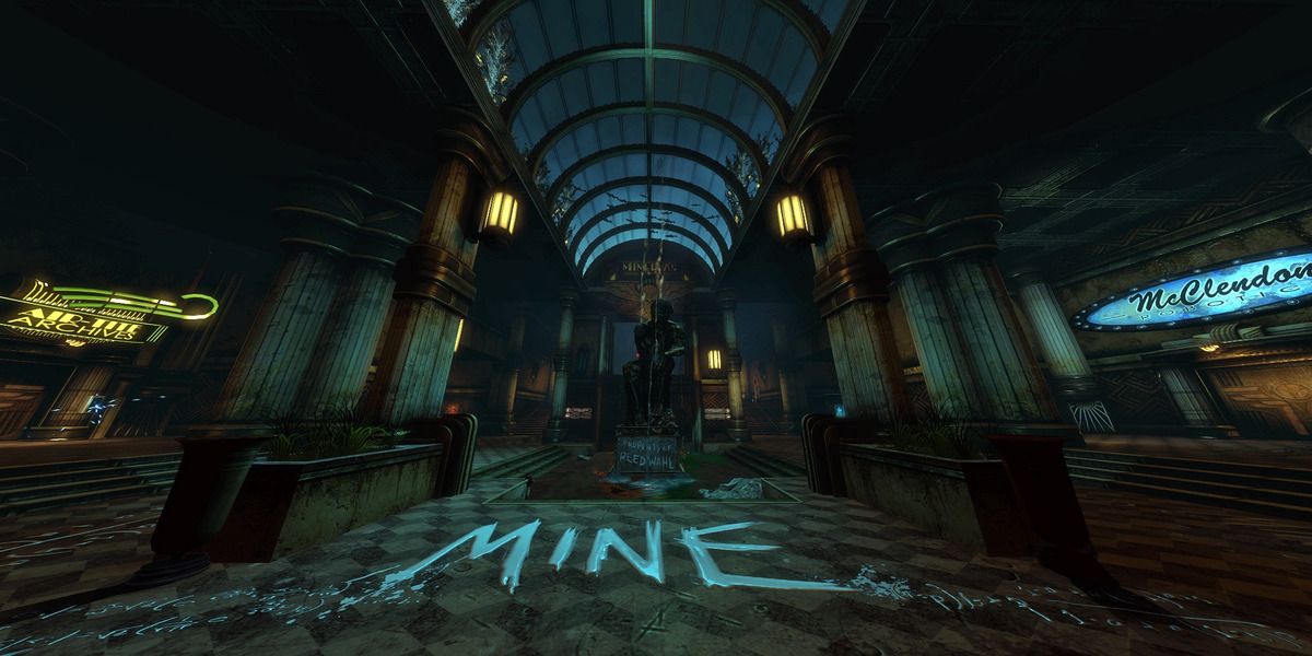 Word "Mine" written on the floor in Minerva's Den DLC