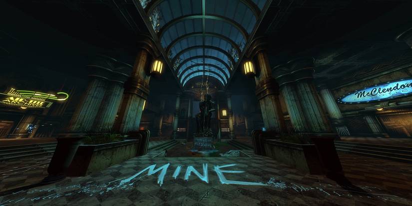 Word "Mine" written on the floor in Minerva's Den DLC