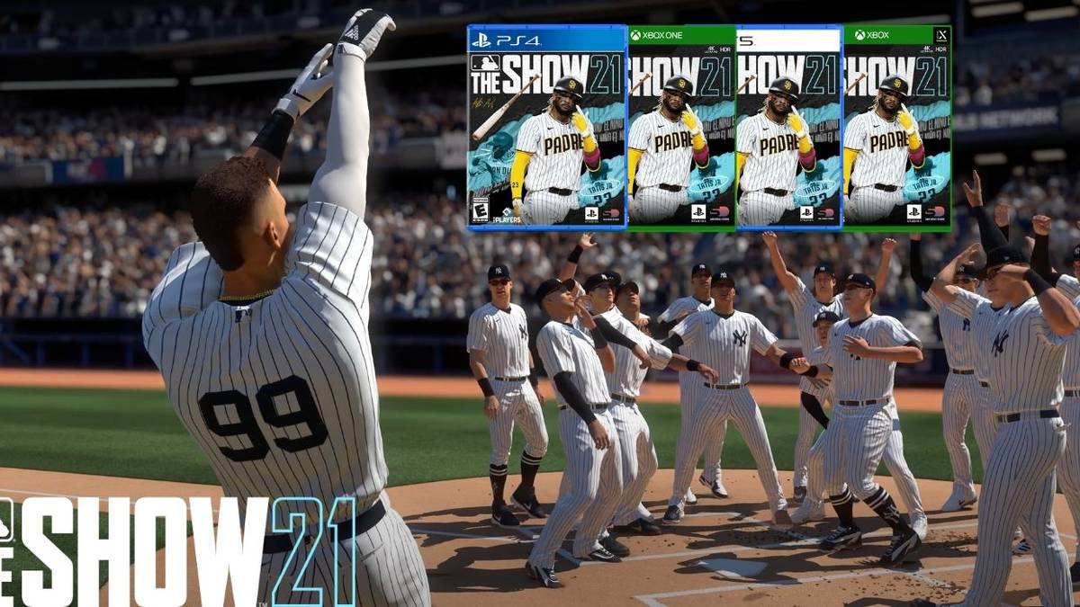 mlb the show 21 players celebrate at home plate under video game box covers