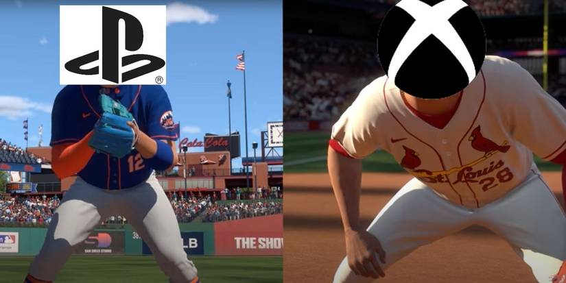 mlb the show 21 players splitscreen with playstation and xbox logos over faces