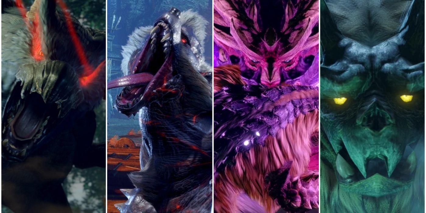 Split image of four creatures in Monster Hunter Rise
