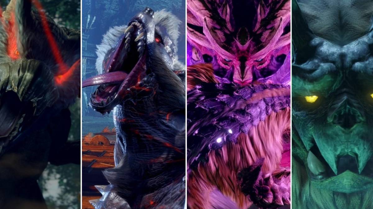 Split image of four creatures in Monster Hunter Rise