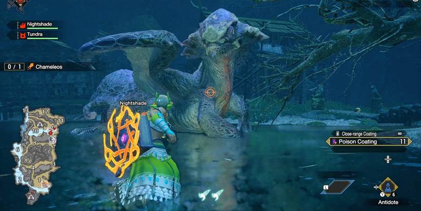 hunter fighting chameleos with matching bow