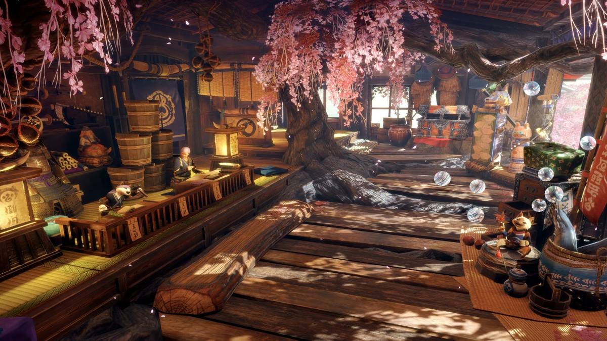 monster hunter rise hub prep area smithy and sakura tree