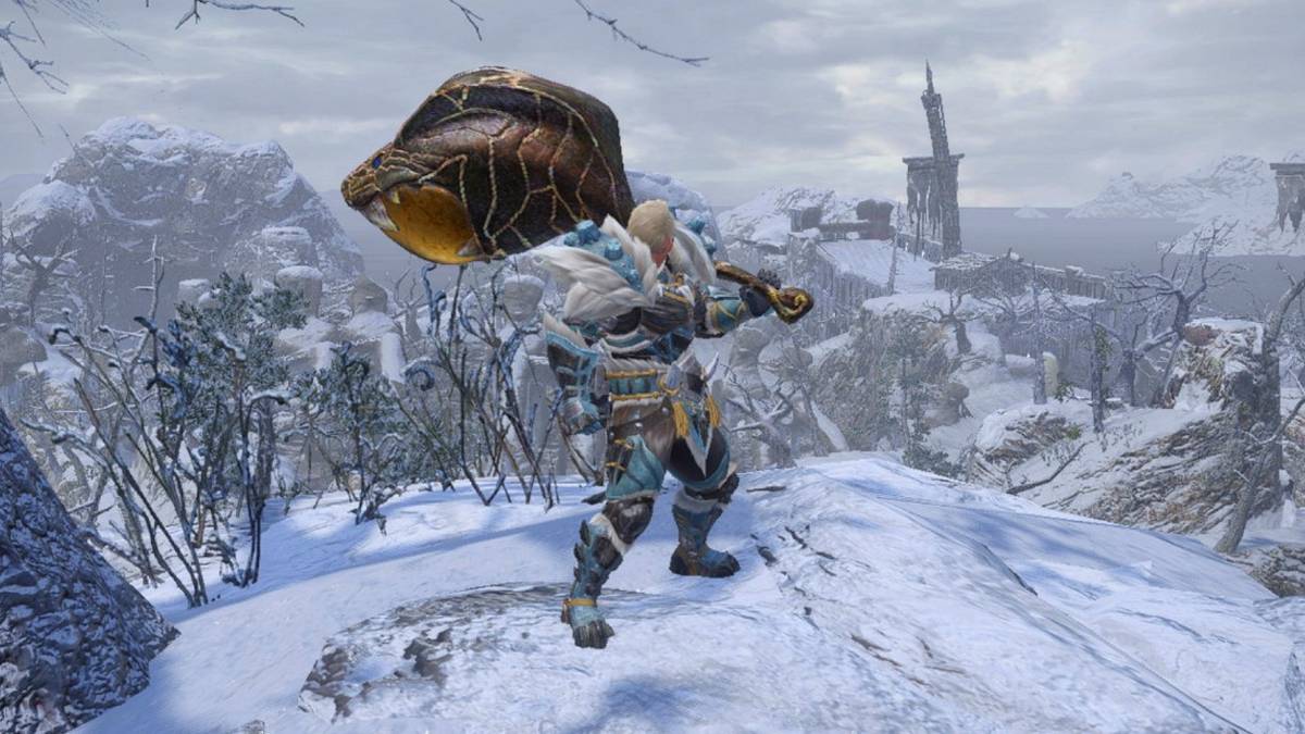 hunter in goss harag armor with kushala daora hammer