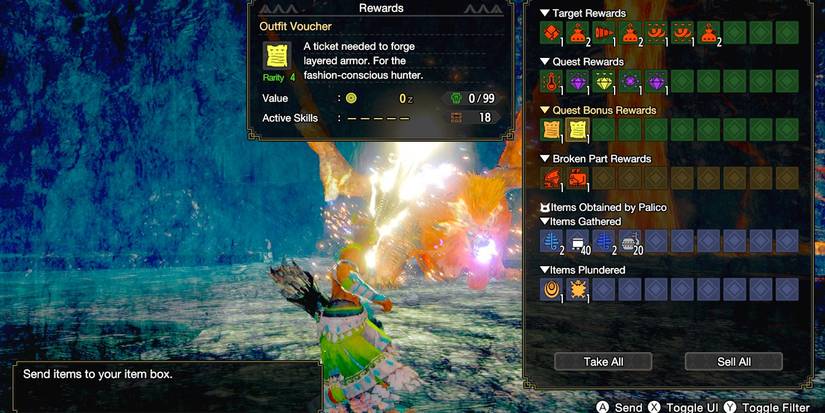 quest results screen with outfit voucher reward