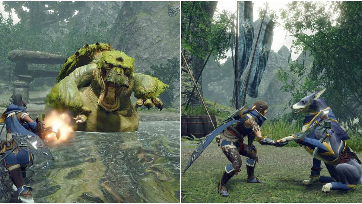 Characters fighting monsters in Monster Hunter Rise