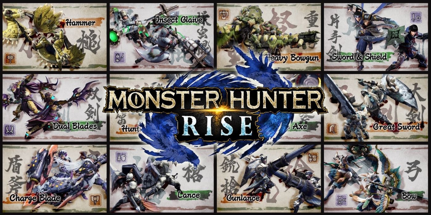 monster hunter rise logo over several weapons