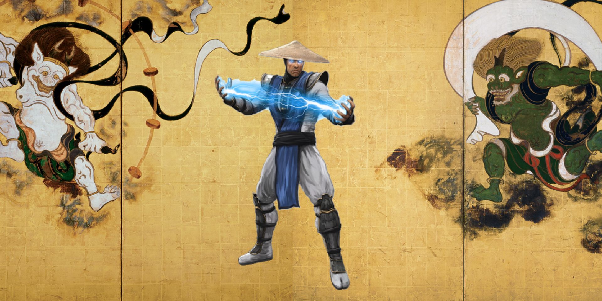 raiden next to the japanese gods who inspired his name and origin.
