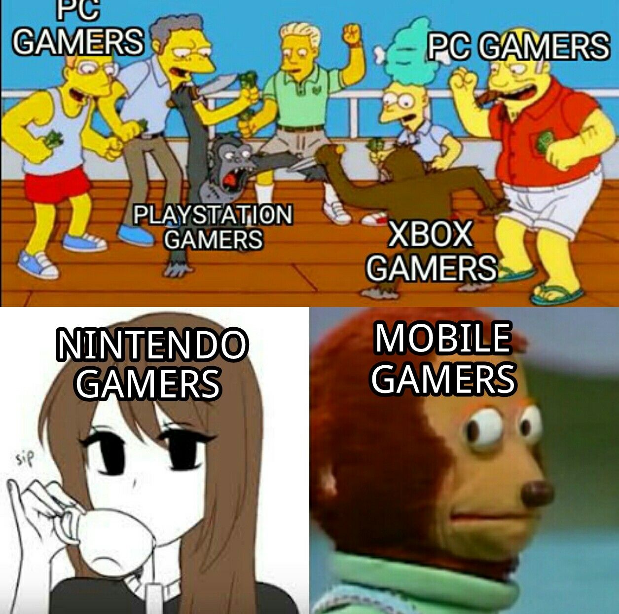 meme about what different gamers are like involving the simpsons.