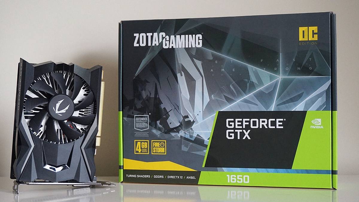 Photo of an Nvidia GTX 1650 GPU card alongside its box.
