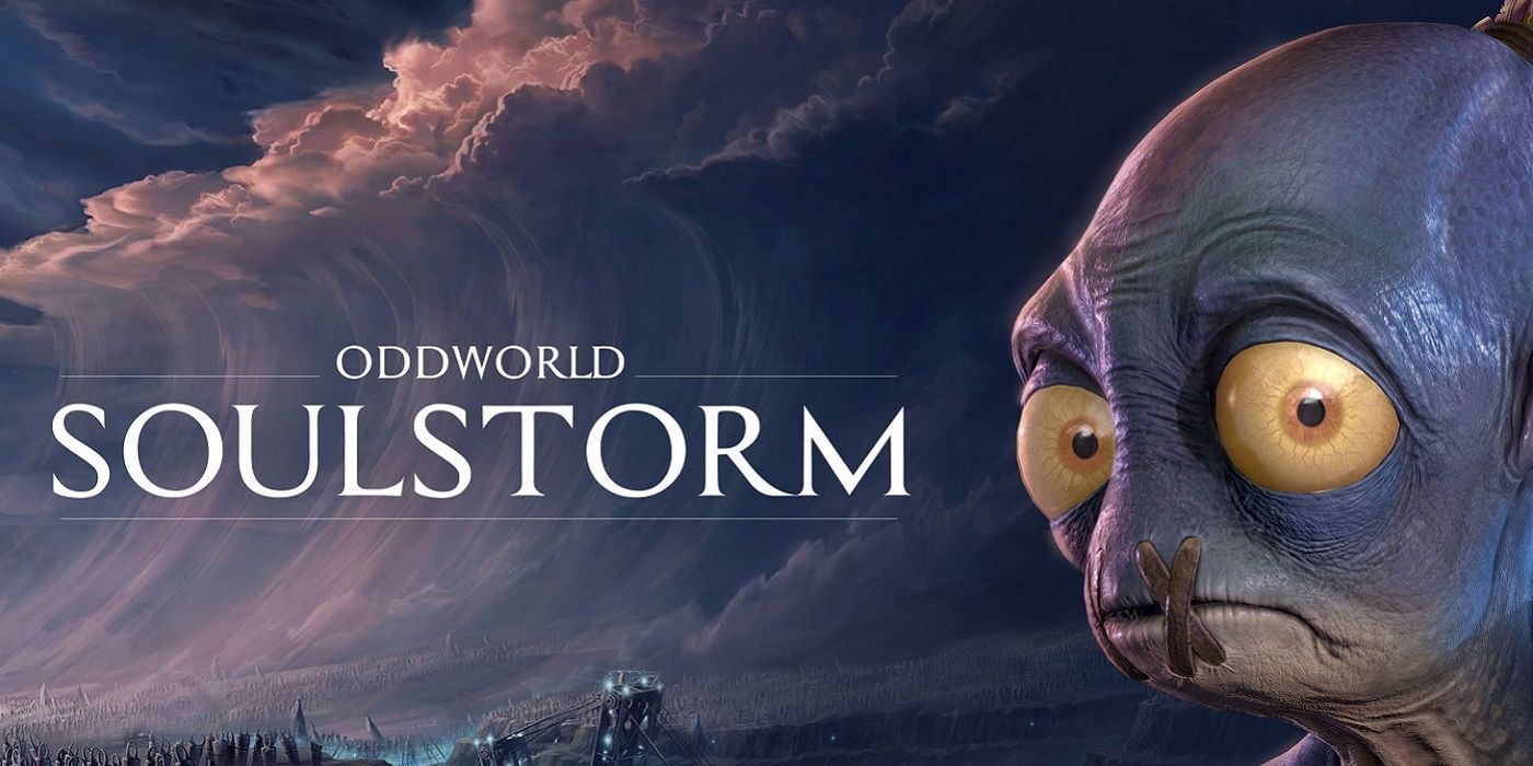 Oddworld: Soulstorm artwork which shows Abe's head in the foreground in front of stormy clouds.