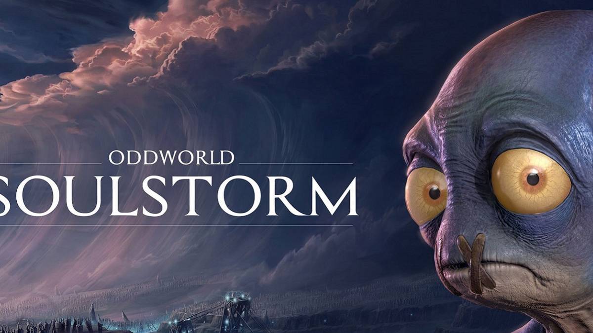 Oddworld: Soulstorm artwork which shows Abe's head in the foreground in front of stormy clouds.
