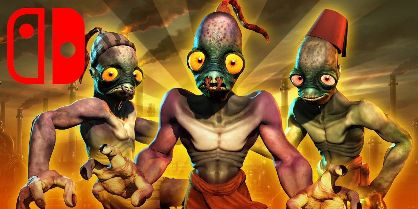 Artwork showing Abe from Oddworld in various disguises with a Nintendo Switch logo in the corner.
