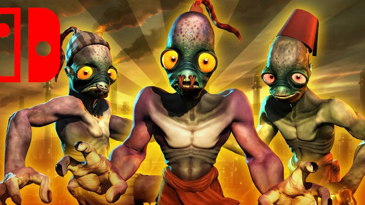 Artwork showing Abe from Oddworld in various disguises with a Nintendo Switch logo in the corner.