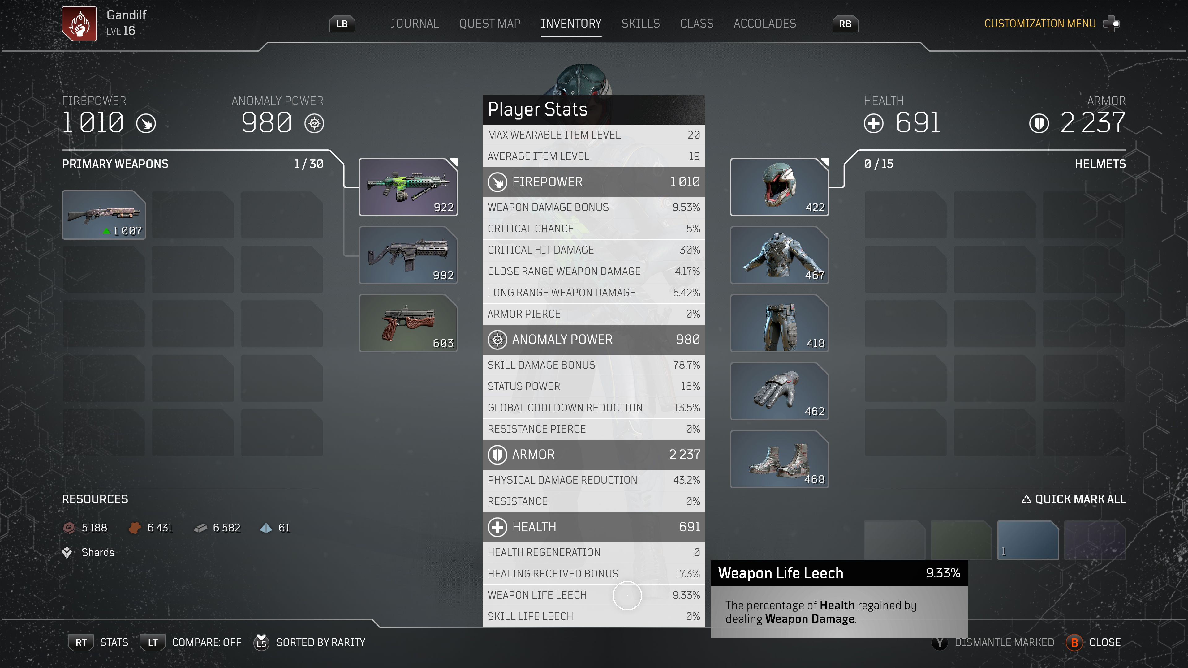 player character inventory screen statistics tab highlighting weapon leech description