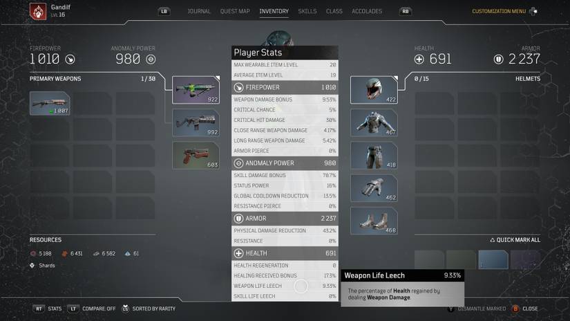 player character inventory screen statistics tab highlighting weapon leech description