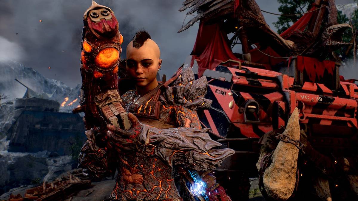 An Outrider with her truck, and her weapon loaded.