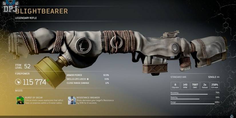 outriders description screen of legendary weapon blightbearer