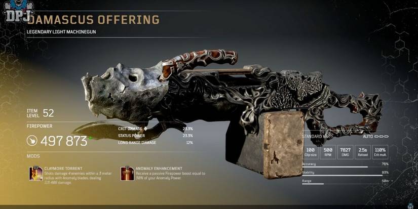 outriders description screen of legendary weapon damascus offering