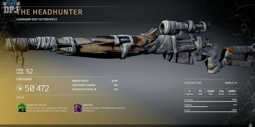 outriders description screen of legendary weapon the headhunter