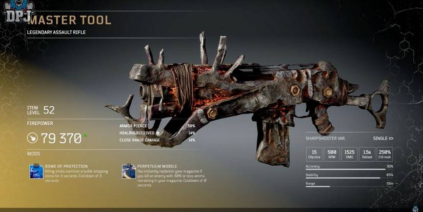 outriders description screen of legendary weapon master tool