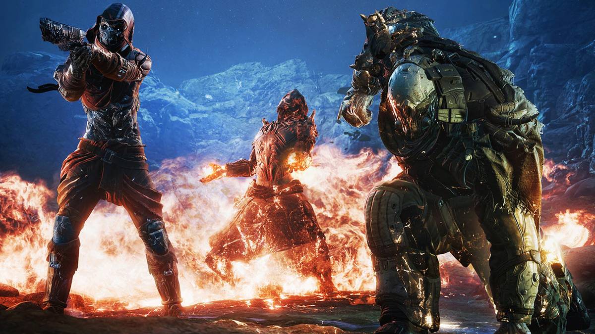 outriders fire team in front of flames