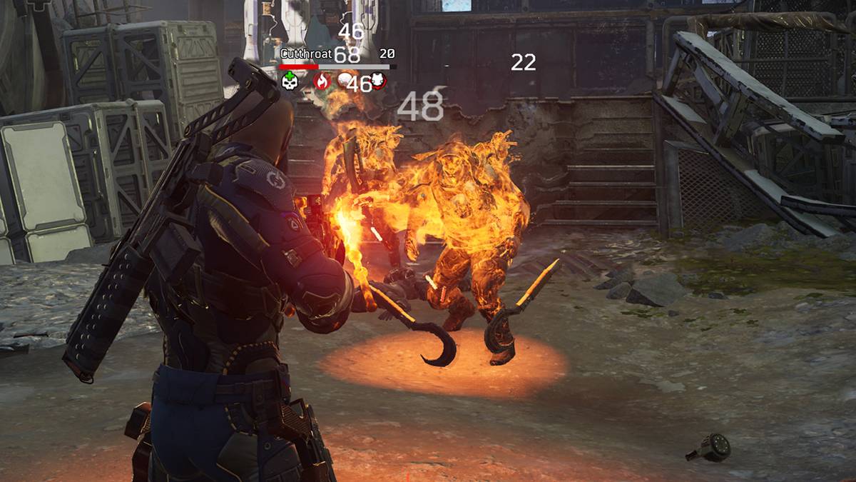 fire ability character shooting enemy with burning bullets from machine gun