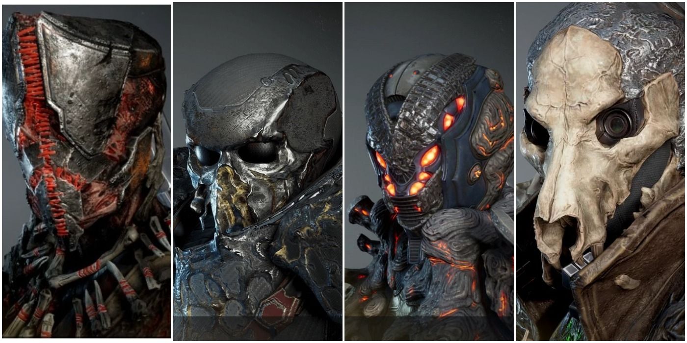 Split image of four sets of Outriders armor