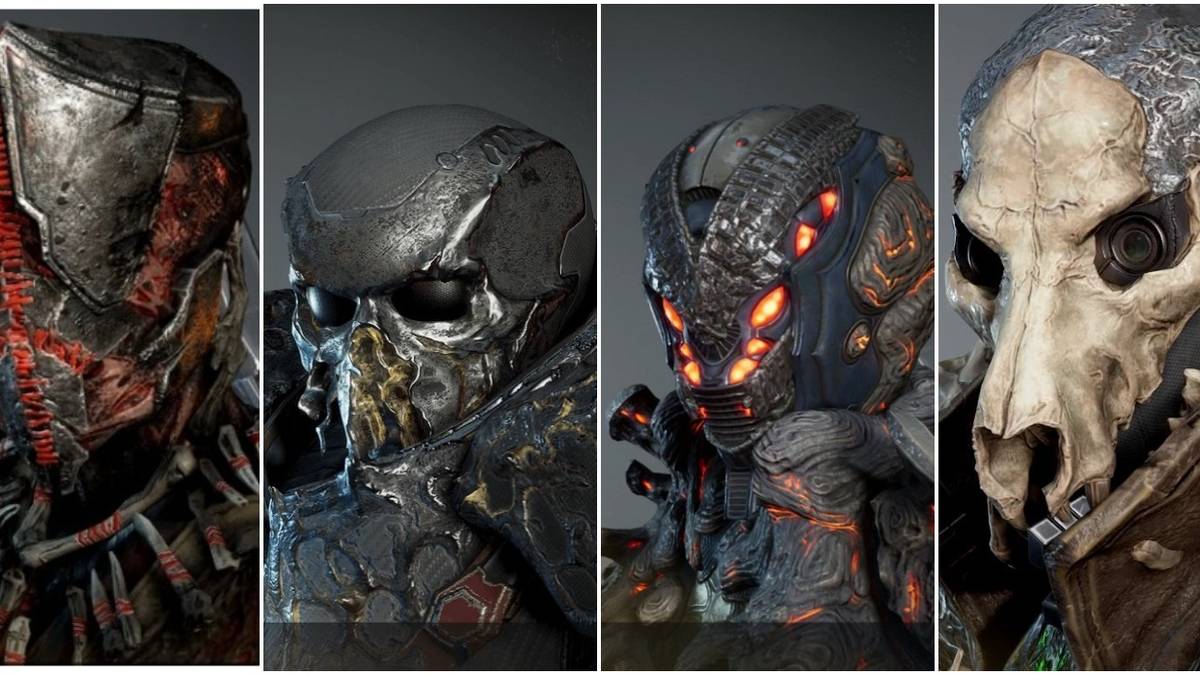 Split image of four sets of Outriders armor