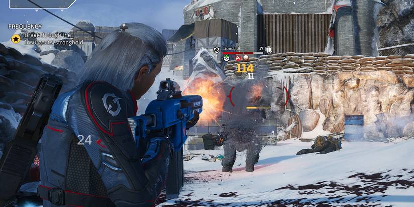 featured image trickster outrider player character shooting armored heavy gunner insurgent with automatic shotgun