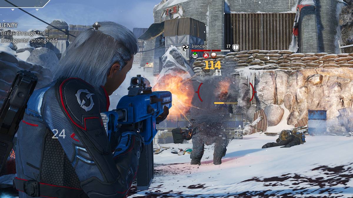 featured image trickster outrider player character shooting armored heavy gunner insurgent with automatic shotgun