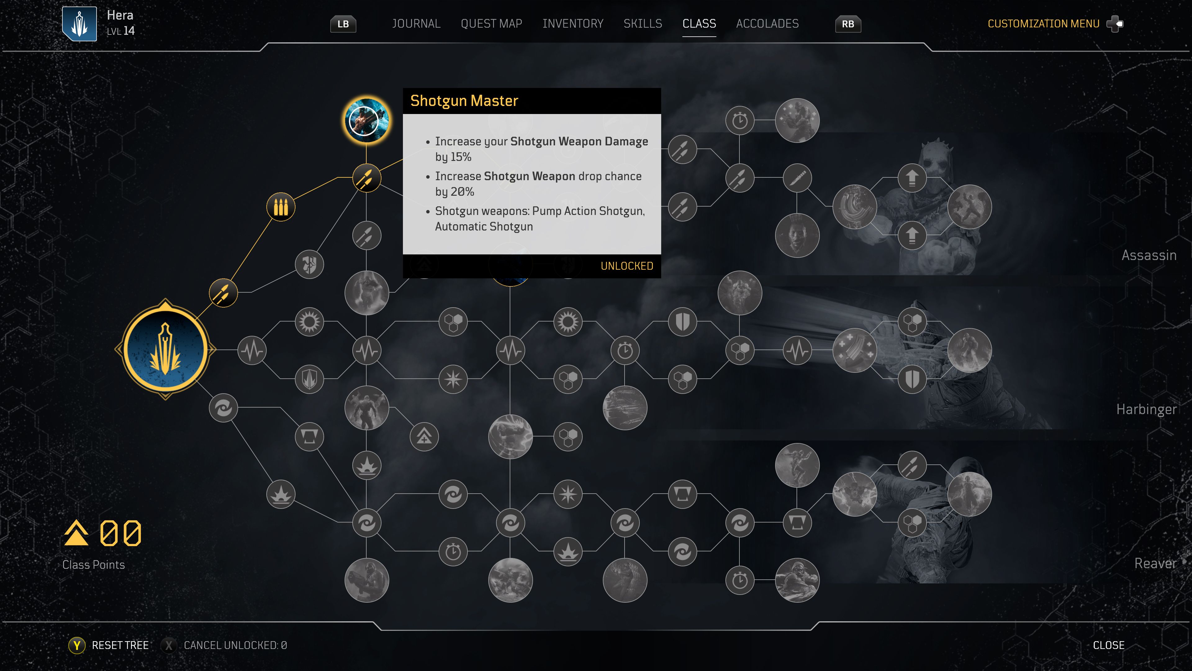 trickster class skill tree perk boosting damage for shotguns