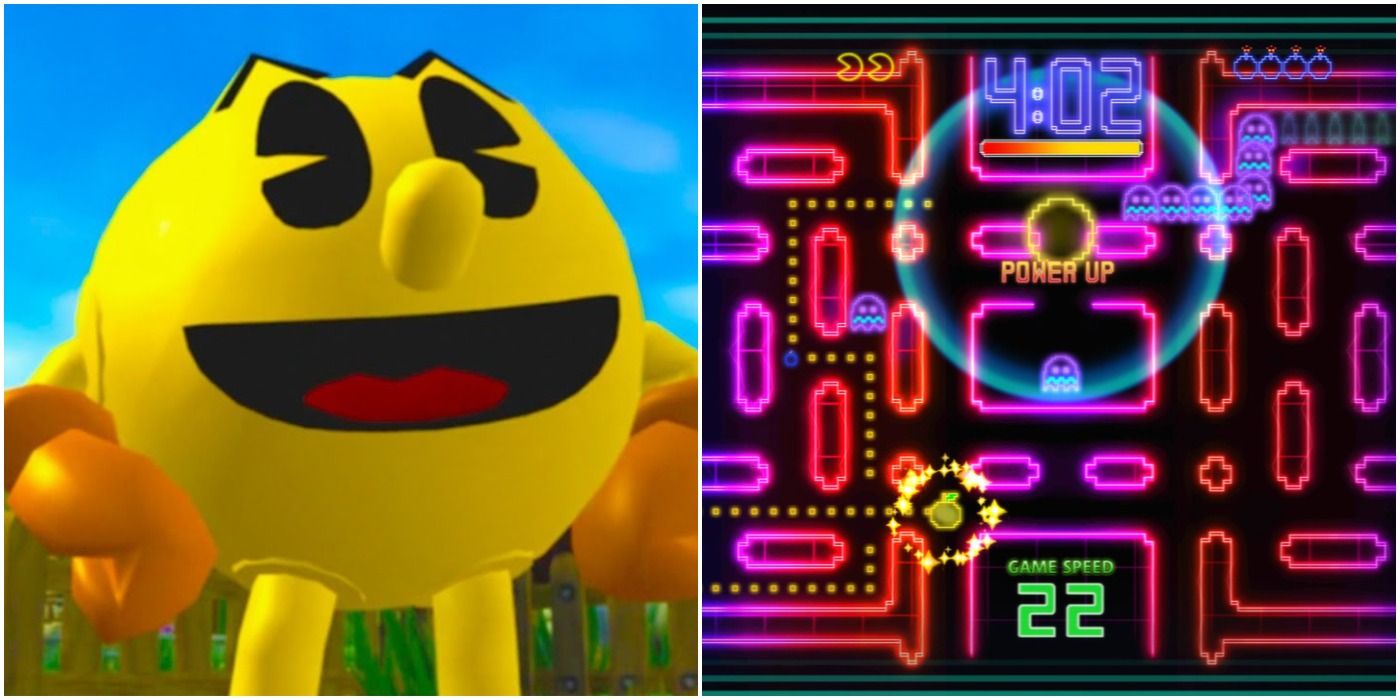 (Left) Pac-man looking happy (Right) Championship Edition DX maze gameplay