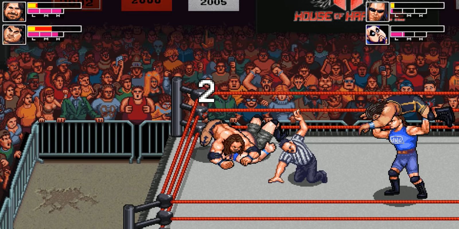 Pin attempt as other wrestlers fight in the ring