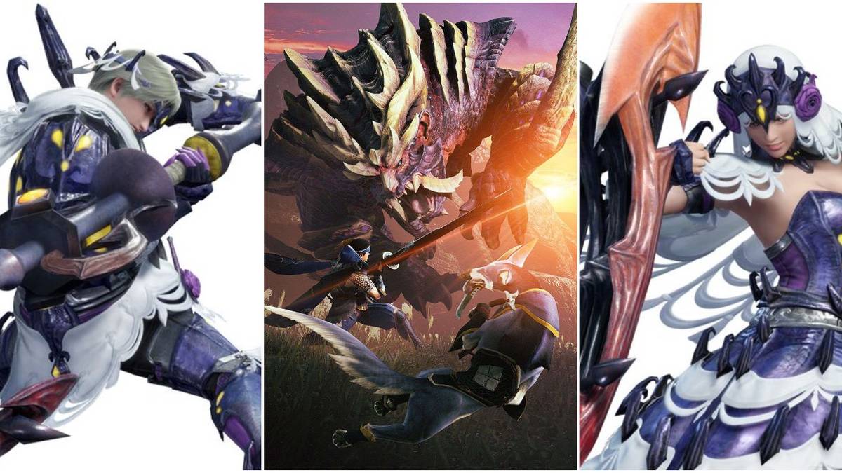 A Split Image of Two Charge Blade Hunters and Artwork For Monster Hunter Rise