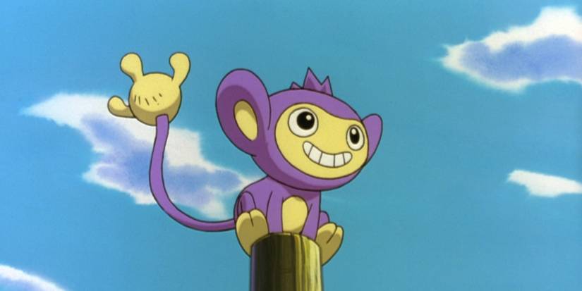 pokemon aipom sitting on a wooden pull with clouds behind him