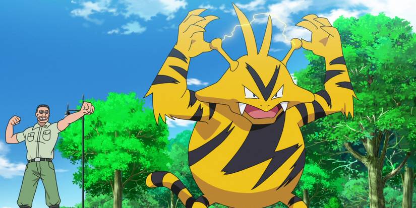 pokemon electabuzz throwing hands up with trainer in background pointing at it