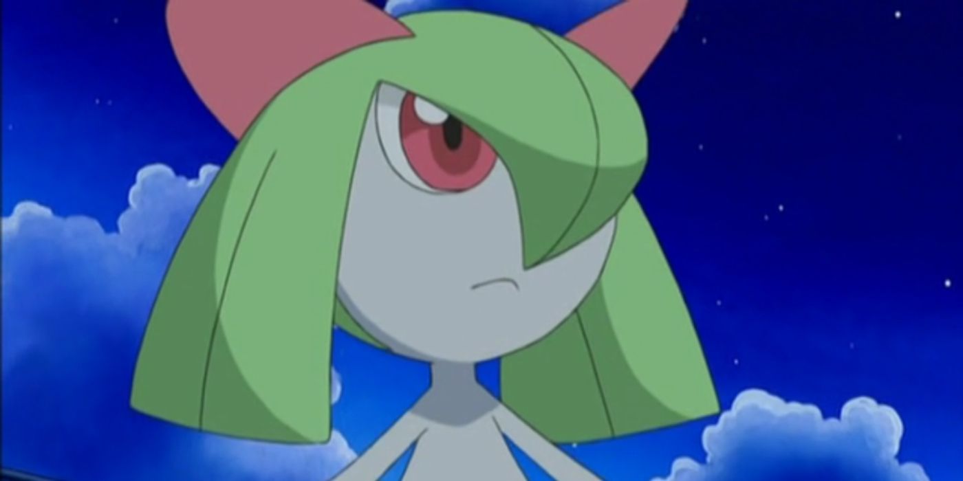 pokemon kirlia looking into distance at night wit clouds behind