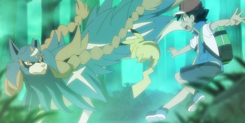 pokemon ash and pikachu getting startled by zacian