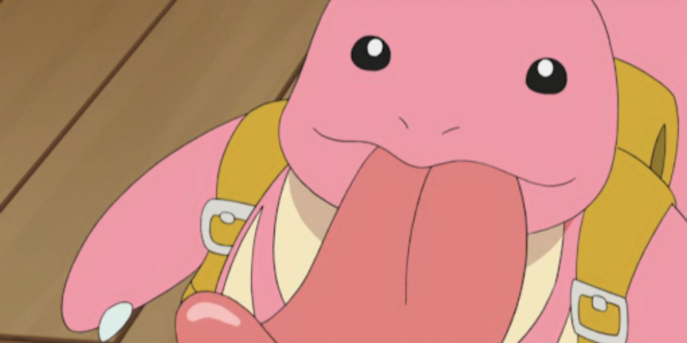pokemon lickitung wearing a backpack with his tongue out
