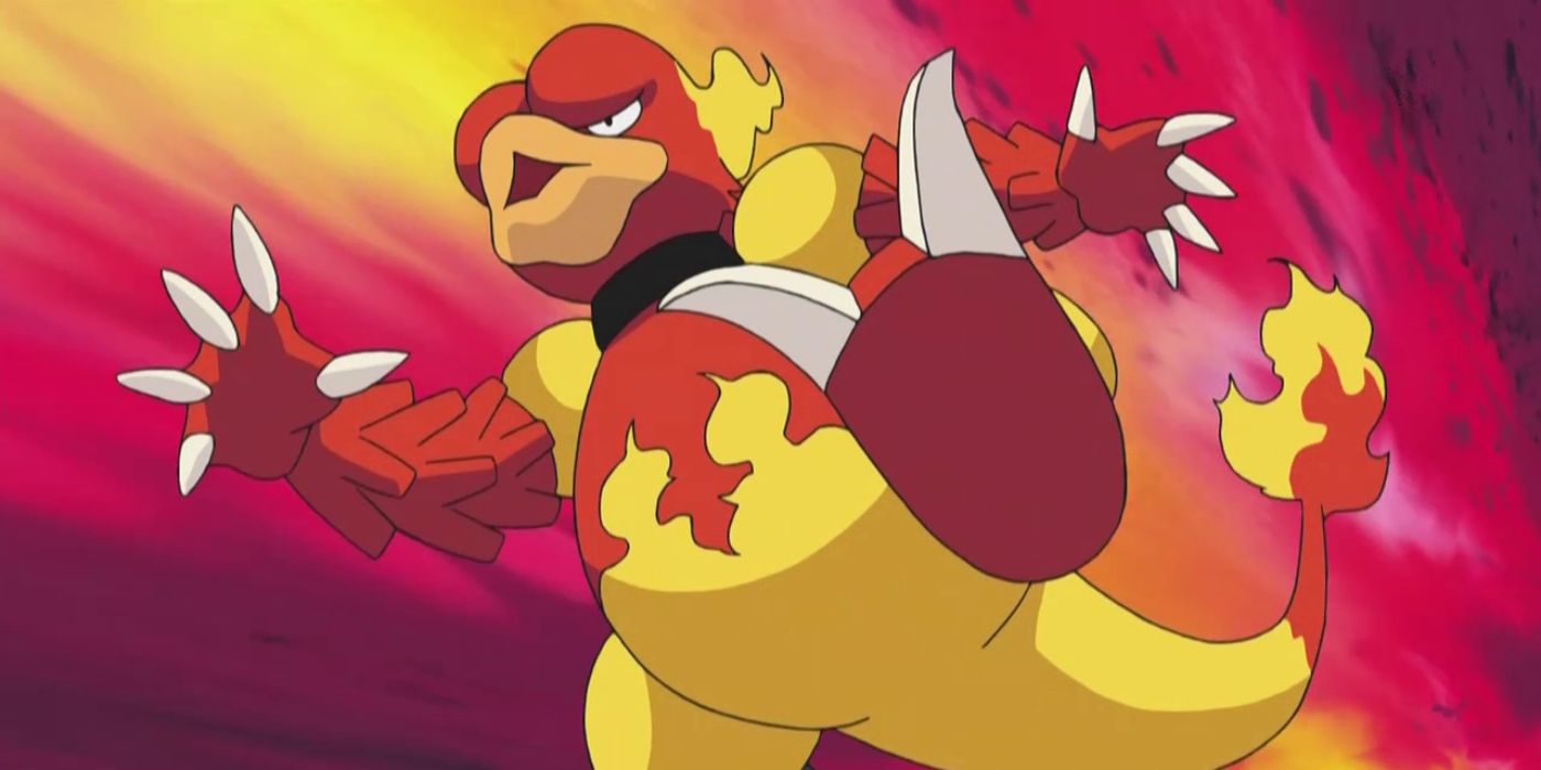 pokemon magmar jumping with mouth open with red fire background