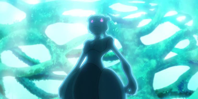 pokemon mewtwo looking down at camera in blue tree room with purple eyes